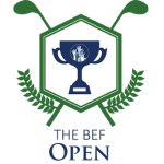 Logo of The BEF Open featuring a stylized trophy inside a hexagonal frame, flanked by laurel branches, with text below.